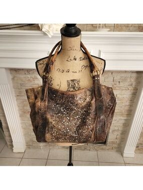 Frye Deborah XL studded distressed leather satchel